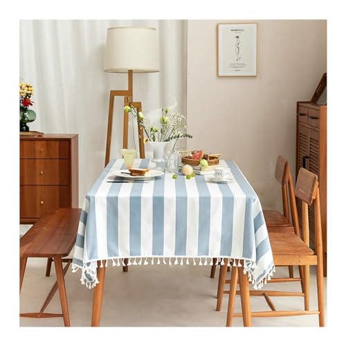 Hellblau gestreifte rechteckige Tischdecke, 90 x 90 cm, waschbar, Polyester mit Quasten, für Küche, Esszimmer, Picknick, stilvolle Tischdekoration Hellblau gestreifte rechteckige Tischdecke, 90 x 90 cm, waschbar, Polyester mit Quasten, für Küche, Esszimmer, Picknick, stilvolle Tischdekoration von Generisch