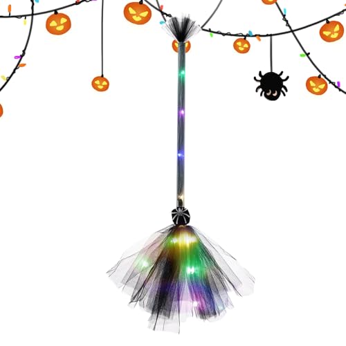 Hexenbesen LED Leuchtender Reisigbesen Mit Netzstoff Design 65CM Länge Halloween Deko Kostümzubehör Für Themenpartys Verkleidungspartys Kinderhexenkostüm von Generisch