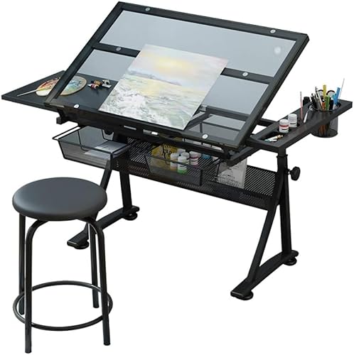 Höhenverstellbarer Zeichentisch mit Stauraum, neigbarer Bastelschreibtisch für Künstler, großer Kunstschreibtisch für Home Office & Studio, perfekte Zeichen- und Bastellösung von Generisch