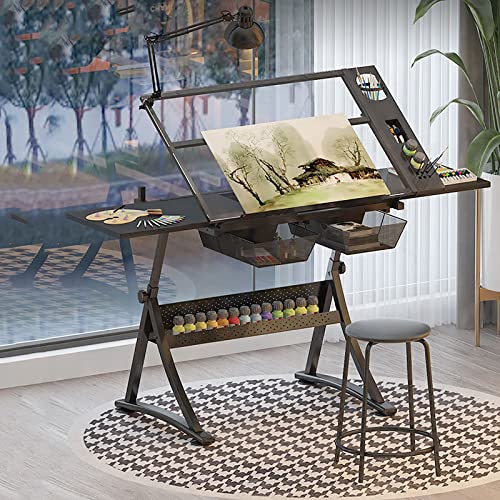 Höhenverstellbarer Zeichentisch mit neigbarer Glasscheibe Kunst & Handwerk Zeichentisch inkl. 2 Schubladen und Hocker, ideal für Design, Skizzieren und Malen von Generisch