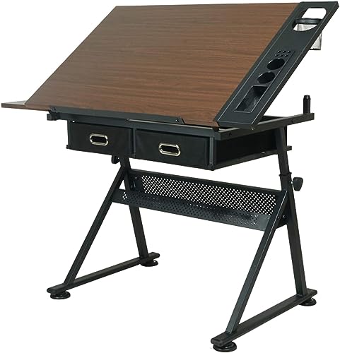 Höhenverstellbarer Zeichentisch mit neigbarer Oberseite, 2 Schubladen, idealer Kunst- und Schreibarbeitsplatz zum Zeichnen und Lesen, stilvolles braunes Design von Generisch