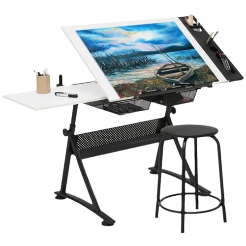 Höhenverstellbarer weißer Kunstschreibtisch mit Hockern, 0°-65° neigbar, Zeichentisch, extra große Zeichenfläche und Schubladen, ideal für Künstler und Designer von Generisch