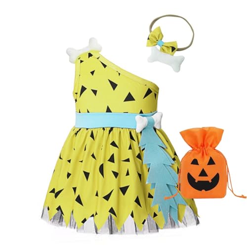 Höhlenmensch-Kostüm für Kleinkinder, Mädchen, Halloween, historisches Cavegirl-Netz-Tüllkleid, Outfits, gestrickt, Wolle, Set für Babys (Gelb, 12–18 Monate) von Generisch