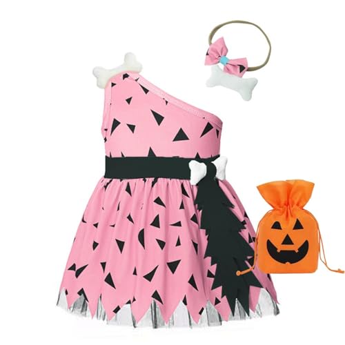 Höhlenmensch-Kostüm für Kleinkinder, Mädchen, Halloween, historisches Cavegirl-Netz-Tüllkleid, Outfits, gestrickt, Wolle, Set für Babys (Rosa, 12–18 Monate) von Generisch