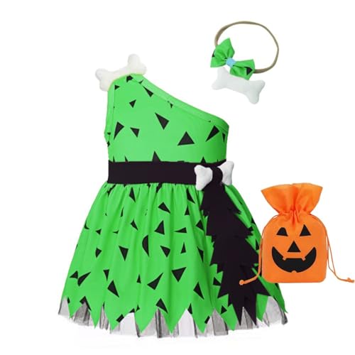 Höhlenmensch-Kostüm für Kleinkinder, Mädchen, Halloween, historisches Cavegirl-Netz-Tüllkleid, Outfits, gestrickt, Wolle, Set für Babys (grün, 12–18 Monate) von Generisch