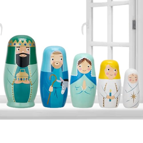 Hölzerne Jesus Stapelpuppen - 5 Schicht Religiöse Nistspielzeugset, dekoratives christliches Andenken | Handgefertigte russische Puppenstil -Ornamente für Weihnachten, Osterfeier, Home Room Tabletop D von Generisch