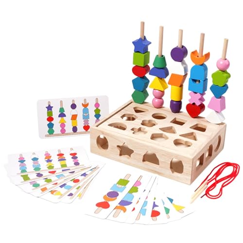 Holzperlen-Reihenfolge-Spielzeug, Holzform-passende Puzzles - Geometrische Formperlen-Sequenzierungsspielzeug für Kinder - Lernspielzeug mit glatten Kanten für Weihnachten, Geburtstag, Ostern und Kind von Generisch