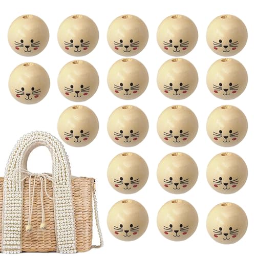 Holzperlen - natürliche runde Holzperlen, Handwerk lose Perlen | Gedrucktes Katzenpuppenkopf -Lächeln Gesicht, Schmuck Herstellung von Makrame -Wandhänge und -Malereien Wohnheimdekorationen von Generisch