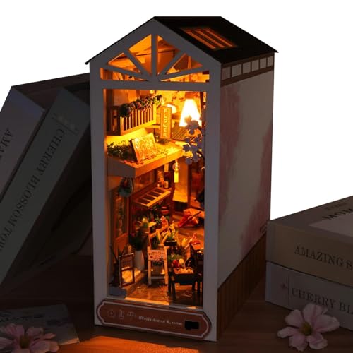 Holzpuzzle Buchstütze,Nach dem Regen Book Nook Kit | Buchecke, Bücherständer, Miniaturzimmer, Puzzle-Haus-Modellbausätze mit LED-Leuchten für die Dekoration von Bücherregalen zu Hause von Generisch