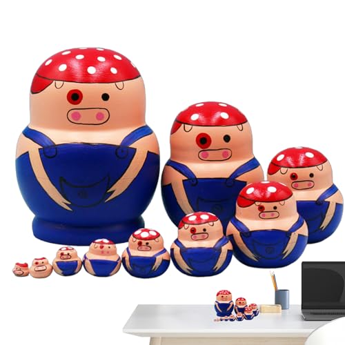Holzstapelpuppen - 12 cm Handgefertigtes Nistset, Cartoon Tiermuster, Dekorative Ornament, Puppen, Russische Zimmerdekoration, Wohnkultur | Musterspielzeug Für Bildungslernen, Langlebige Dekoration von Generisch