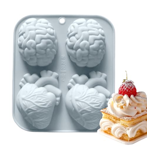 Human Heart Silicone Mold, 4 Cavity 3D Brain Heart Design with Non Stick Flexible Material and High Detail Finish, for Halloween Party, Soap Making, Clay, Jelly, Chocolate, Muffin, Pudding von Generisch