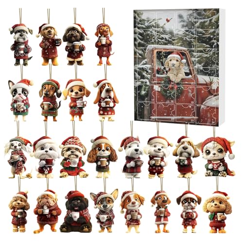 Hund Adventskalender 2025 Mit 24 Weihnachtsbaum Deko Anhängern, Holz Adventskalender Mit Niedlichen Hundefiguren Für Weihnachtsbaum Dekoration, Geschenk Für Hundeliebhaber von Generisch