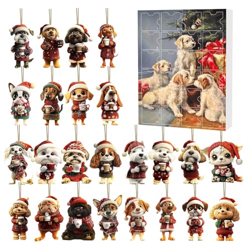Hund Adventskalender 2025 Mit 24 Weihnachtsbaum Deko Anhängern, Holz Adventskalender Mit Niedlichen Hundefiguren Für Weihnachtsbaum Dekoration, Geschenk Für Hundeliebhaber von Generisch