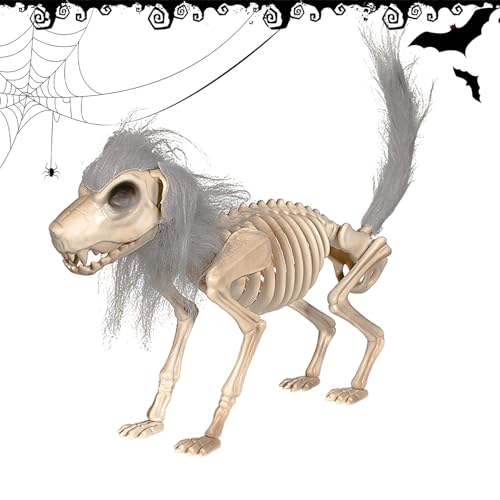Hundeskelett Deko - Spukhaus Tierfigur | Flexibler Schädel Dekoration Deko Figur Mit Haaren Für Halloween Garten Tisch Party Deko von Generisch