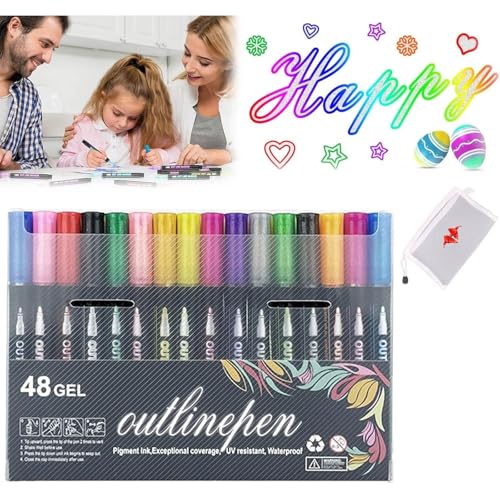Illuminateupon Marker für Highlight, 2025 neuer magischer Stift, doppelte Linien-Umriss-Marker, metallische Glitzerstifte zum Zeichnen und Kritzeln (48 Farben) von Generisch