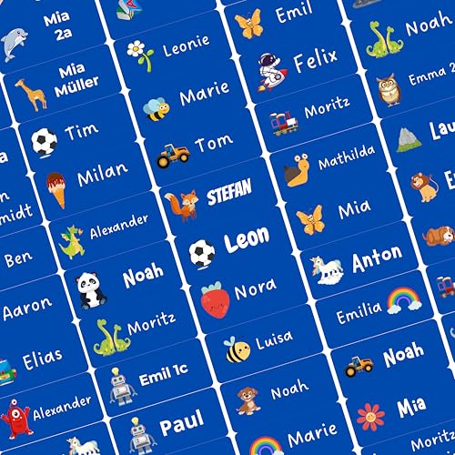 Individuelle Namensaufkleber für Kinder Schule Kindergarten Krippe (85 Stück) Namens Etiketten- personalisiert - Made in Germany für Flaschen, Brotdosen, Stifte, Hefte (Superheldenblau) von Generisch