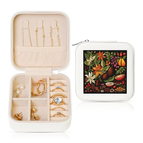 Kakaopflanze, kleine Schmuckschatulle, Blätter, Blume, PU-Leder, Reise-Schmuck-Organizer für Frauen, Mädchen, Aufbewahrungskoffer für Ringe, Ohrringe, Halsketten, Armbänder von Generisch