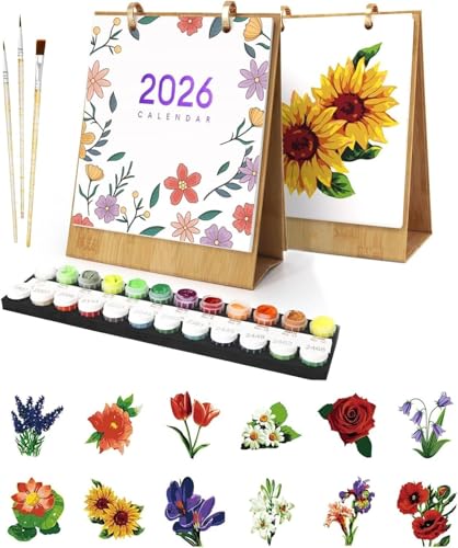 Kalender 2026 Wandkalender,malen nach zahlen tischkalender 2026,digitaler wandkalender,malen nach zahlen blume kalender tischkalender,diamond painting adventskalender,Mit Pinsels Und Acrylfarbe（01） von Generisch