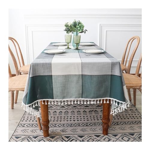Karierte rechteckige Tischdecke, 140 x 140 cm, waschbar, Polyester mit Quasten, ideal für Partys, Picknicks, Esszimmer und Gartendekoration, Dunkelgrün/Grau von Generisch