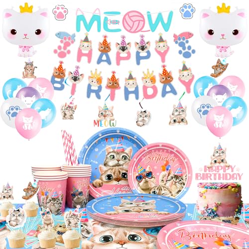 Katzen Geburtstag Deko, Cat Partyzubehör Dekoration&Partygeschirr Set - Alles Gute Zum Geburtstag&Meow Katzen-Gesicht Banner Ballons Tortendeko Teller Servietten ect, für 16 Gäste Katzen Geburtstag Deko, Cat Partyzubehör Dekoration&Partygeschirr Set - Alles Gute Zum Geburtstag&Meow Katzen-Gesicht Banner Ballons Tortendeko Teller Servietten ect, für 16 Gäste von Generisch