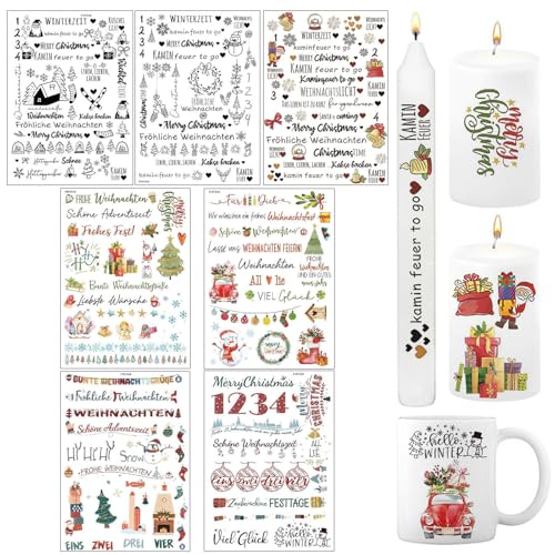 Kerzentattoos Weihnachten, Rub on sticker, Kerzen Tattoofolie, Kerzen Aufkleber Weihnachten, DIY Wasserschiebefolie Weihnachten Kerzen Sticker, Kerzen Tattoo (A(7PCS)) von Generisch