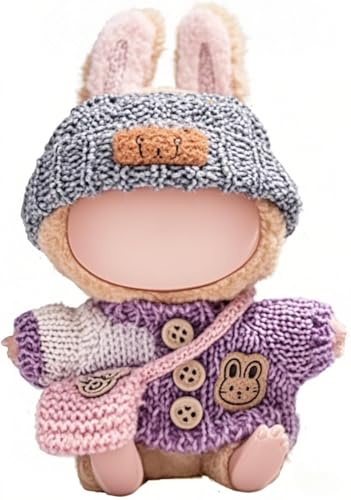 Kleidung für Labubu Puppe, handgefertigt, gehäkelt, 3-teiliges Set für 17 cm große Puppe, Kleidung für Labubu, Outfit mit Zubehör für Labubu, stilvolle Kleidung für Labubu Puppe (Lila) von Generisch