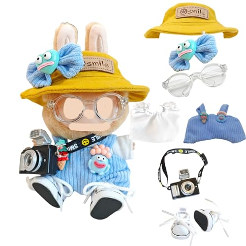 Kleidung für Puppen, 7-teiliges Set (keine Puppe), für 17 cm große Puppen, einschließlich Kleidung, Hüte, Hosen, Schuhe, Brillen, Haarnadeln, Kameras, Puppenzubehör (Blau) von Generisch