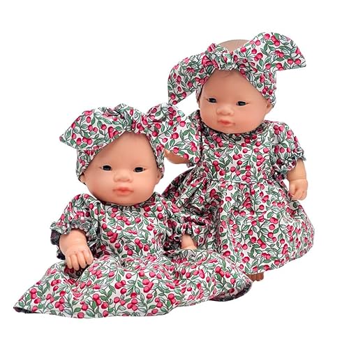 Kleidung für eine 21 cm große Puppe, Kleidungszubehör für Puppen, Weihnachtskleid mit Stirnband, Kirschmuster, Kleidung für eine Babypuppe als Geschenk, EIN Geschenk für EIN Mädchen von Generisch