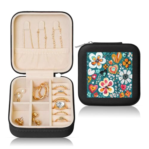Kleine Schmuckschatulle im Retro-Stil mit Herz-Blume, buntes PU-Leder, Reise-Schmuck-Organizer für Frauen und Mädchen, Aufbewahrungsbox für Ringe, Ohrringe, Halsketten, Armbänder von Generisch