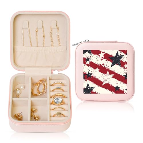 Kleine Schmuckschatulle im Vintage-Stern-Design mit amerikanischer Flagge, PU-Leder, Reise-Schmuck-Organizer für Frauen und Mädchen, Aufbewahrungsbox für Ringe, Ohrringe, Halsketten, Armbänder von Generisch
