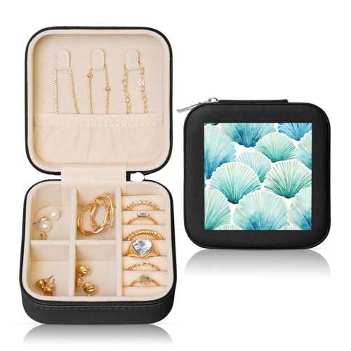 Kleine Schmuckschatulle in Wasserfarbe, Blaugrün, Muschel, Ozean, PU-Leder, Reise-Schmuck-Organizer für Damen, Mädchen, Aufbewahrungsbox für Ringe, Ohrringe, Halsketten, Armbänder Kleine Schmuckschatulle in Wasserfarbe, Blaugrün, Muschel, Ozean, PU-Leder, Reise-Schmuck-Organizer für Damen, Mädchen, Aufbewahrungsbox für Ringe, Ohrringe, Halsketten, Armbänder von Generisch