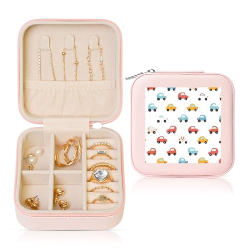 Kleine Schmuckschatulle mit Cartoon-Auto-Muster, niedliches PU-Leder, Reise-Schmuck-Organizer für Frauen und Mädchen, Aufbewahrungsbox für Ringe, Ohrringe, Halsketten, Armbänder von Generisch