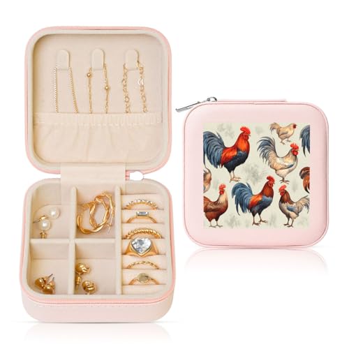Kleine Schmuckschatulle mit Hahn-Motiv, PU-Leder, Reise-Schmuck-Organizer für Damen, Mädchen, Aufbewahrungsbox für Ringe, Ohrringe, Halsketten, Armbänder von Generisch