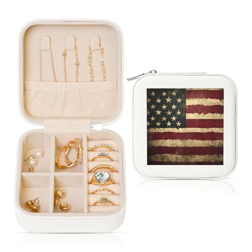 Kleine Schmuckschatulle mit Retro-Flagge der USA-Flagge, PU-Leder, Reise-Schmuck-Organizer für Frauen, Mädchen, Aufbewahrungsbox für Ringe, Ohrringe, Halsketten, Armbänder von Generisch
