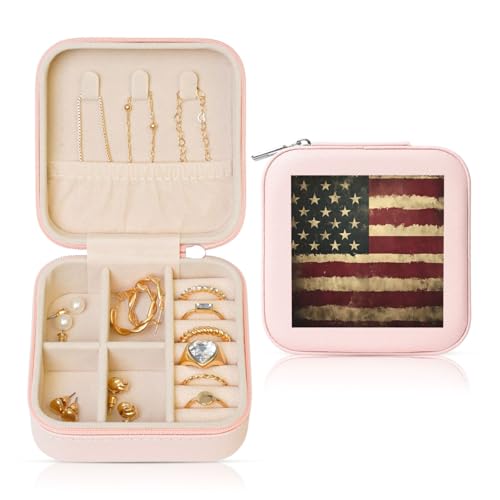 Kleine Schmuckschatulle mit Retro-Flagge der USA-Flagge, PU-Leder, Reise-Schmuck-Organizer für Frauen, Mädchen, Aufbewahrungsbox für Ringe, Ohrringe, Halsketten, Armbänder von Generisch