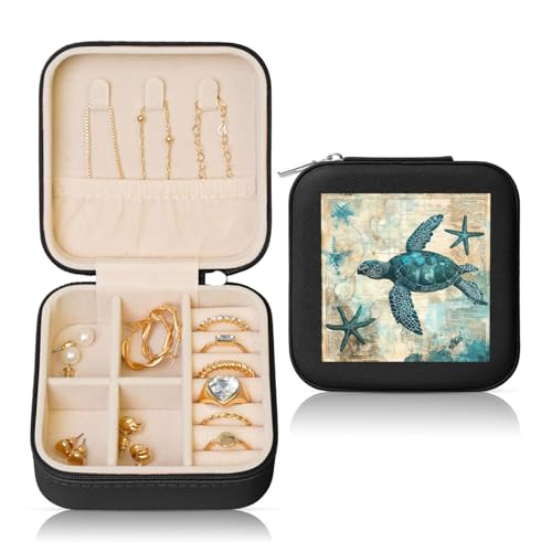 Kleine Schmuckschatulle mit Schildkrötenkarte, Retro, Meer, Ozean, PU-Leder, Reise-Schmuck-Organizer für Frauen, Mädchen, Aufbewahrungskoffer für Ringe, Ohrringe, Halsketten, Armbänder Kleine Schmuckschatulle mit Schildkrötenkarte, Retro, Meer, Ozean, PU-Leder, Reise-Schmuck-Organizer für Frauen, Mädchen, Aufbewahrungskoffer für Ringe, Ohrringe, Halsketten, Armbänder von Generisch