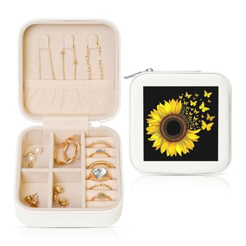 Kleine Schmuckschatulle mit Sonnenblume, Schmetterling, Blume, Vogel, PU-Leder, Reise-Schmuck-Organizer für Frauen, Mädchen, Aufbewahrungskoffer für Ringe, Ohrringe, Halsketten, Armbänder Kleine Schmuckschatulle mit Sonnenblume, Schmetterling, Blume, Vogel, PU-Leder, Reise-Schmuck-Organizer für Frauen, Mädchen, Aufbewahrungskoffer für Ringe, Ohrringe, Halsketten, Armbänder von Generisch
