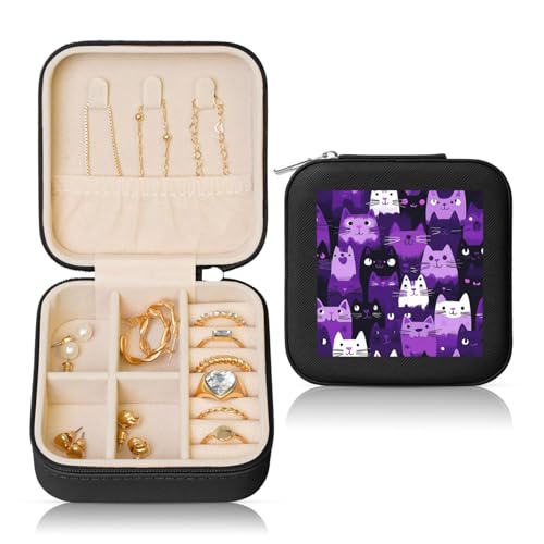 Kleine Schmuckschatulle mit violetter Katze, niedliches Kätzchen, PU-Leder, Reise-Schmuck-Organizer für Frauen und Mädchen, Aufbewahrungsbox für Ringe, Ohrringe, Halsketten, Armbänder Kleine Schmuckschatulle mit violetter Katze, niedliches Kätzchen, PU-Leder, Reise-Schmuck-Organizer für Frauen und Mädchen, Aufbewahrungsbox für Ringe, Ohrringe, Halsketten, Armbänder von Generisch