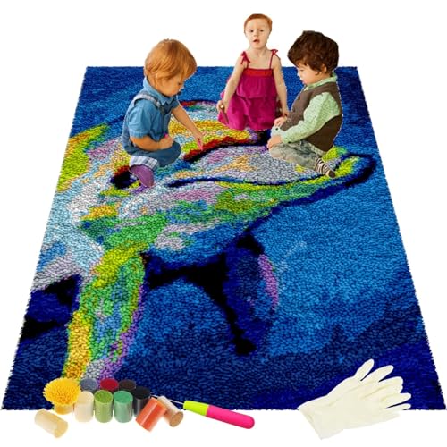 Knüpfhaken-Set, bemalter Delfin, Stickerei, Wandteppich für Erwachsene und Kinder, 78,7 x 114,3 cm, einfaches Häkel-Bastelset, perfekt für Anfänger, lustige Heimdekoration von Generisch