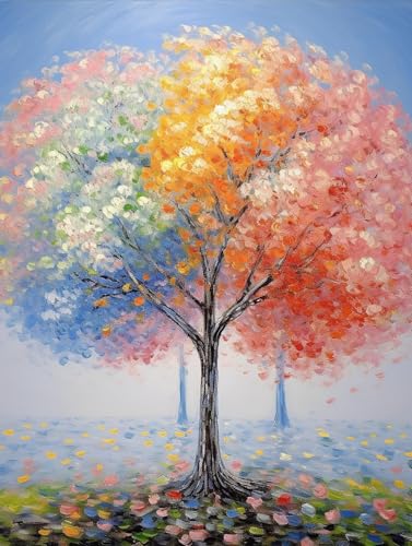 Knüpfhaken-Set mit bunten Blumen und Baum, Fantasie-Landschaftsteppich für Erwachsene, Anfänger und Senioren, 99,1 x 139,7 cm, Bastelset für Heimdekoration und Entspannung von Generisch