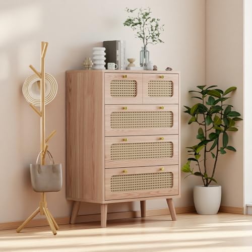 Kommode aus Holz mit 5 Schubladen und Rattan-Dekor, stilvoller Aufbewahrungsschrank für Schlafzimmer, Esszimmer und Küche, 60 x 34 x 91 cm, elegantes Holz-Finish Kommode aus Holz mit 5 Schubladen und Rattan-Dekor, stilvoller Aufbewahrungsschrank für Schlafzimmer, Esszimmer und Küche, 60 x 34 x 91 cm, elegantes Holz-Finish von Generisch