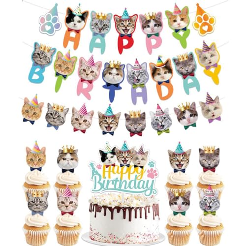 Komplettes DIY-Haustier-Geburtstagsparty-Dekorationsset mit Cartoon-Tier-Kuchenaufsätzen und Bannern für Innen- und Außenbereich (Katze A) von Generisch