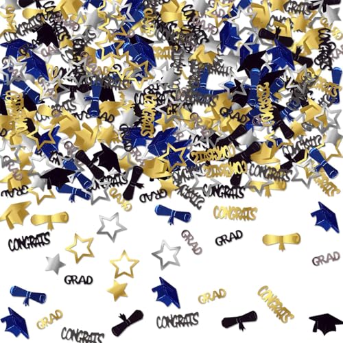 Konfetti zum Schulabschluss, 30 g, Congrats Grad, Sternkappe, Diplom, Glitzer, Tischstreuung für Abschlussfeier, Party-Dekorationen (Blau, Gold, Silber) von Generisch