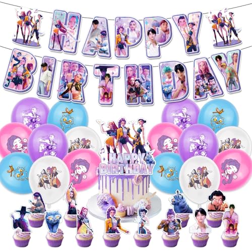 Kpop 𝘋𝘦𝘮𝘰𝘯 Hunters Geburtstags Deko Huntrix Rumi Mira Zoey Jinu Saja Boys Kuchen Topper Cupcake Toppers Banner Party Dekorationen Zubehör für Kinder Fans (A) von Generisch