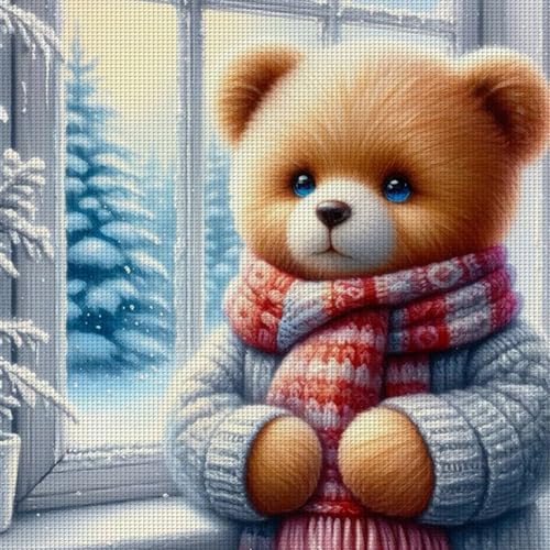 Kreuzstich Set Vorgedruckt,11CT Gestempelte Kreuzstich Sets,DIY Cross Stitch Stickpackung Craft mit Tiere Muster,Handarbeiten Vorgedruckter Stickerei-Starter-Kit für Anfänger-Bär-1 von Generisch