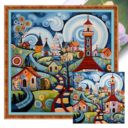 Kreuzstich Stickpackungen 14CT Vorgedruckt Set Erwachsene Häuser , Stickvorlagen Stickbilder Vorgedruckt Kreuzstich Stickpackung Sticken Stickbild Set für Erwachsene Anfänger, Cross Stitch Kit 40x40cm von Generisch