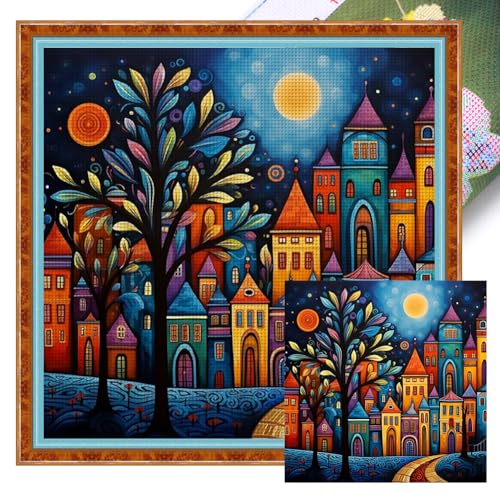 Kreuzstich Stickpackungen 14CT Vorgedruckt Set Erwachsene Häuser , Stickvorlagen Stickbilder Vorgedruckt Kreuzstich Stickpackung Sticken Stickbild Set für Erwachsene Anfänger, Cross Stitch Kit 40x40cm von Generisch