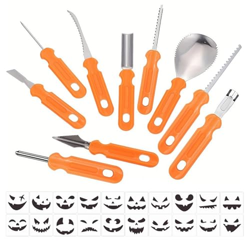 Kürbis-Schnitzwerkzeug-Set | Messer zum Schneiden von Kürbissen | Schneider Schaber Messer Säge Schaufel Mit Schablonen Für Halloween Basteldekoration von Generisch