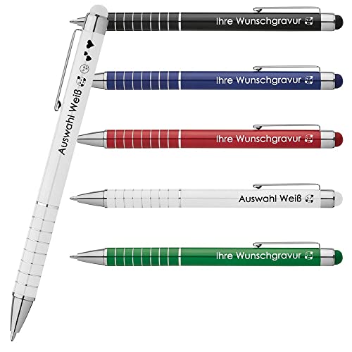 Kugelschreiber aus Metall mit Touchfunktion inklusive Wunscgravur | 8 Zierringe | Farben | Druckkugelschreiber mit Gravur | Werbekugelschreiber personalisiert | Emoji Gravur (Weiß, 25 Stück) von Generisch