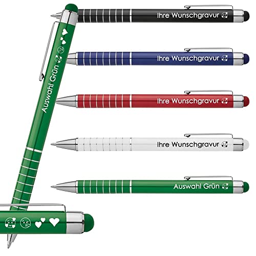 Kugelschreiber aus Metall mit Touchfunktion inklusive Wunschgravur | 8 Zierringe | Farben | Druckkugelschreiber mit Gravur | Werbekugelschreiber personalisiert | Emoji Gravur (Grün, 10 Stück) von Generisch